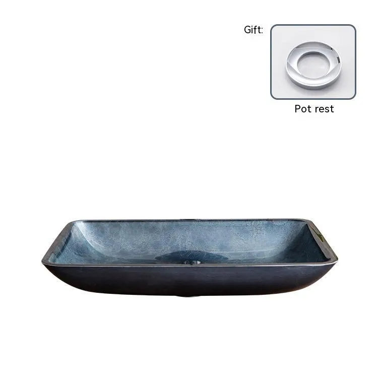 Blue grey tempered glass bathroom table basin with simple art design on white countertop