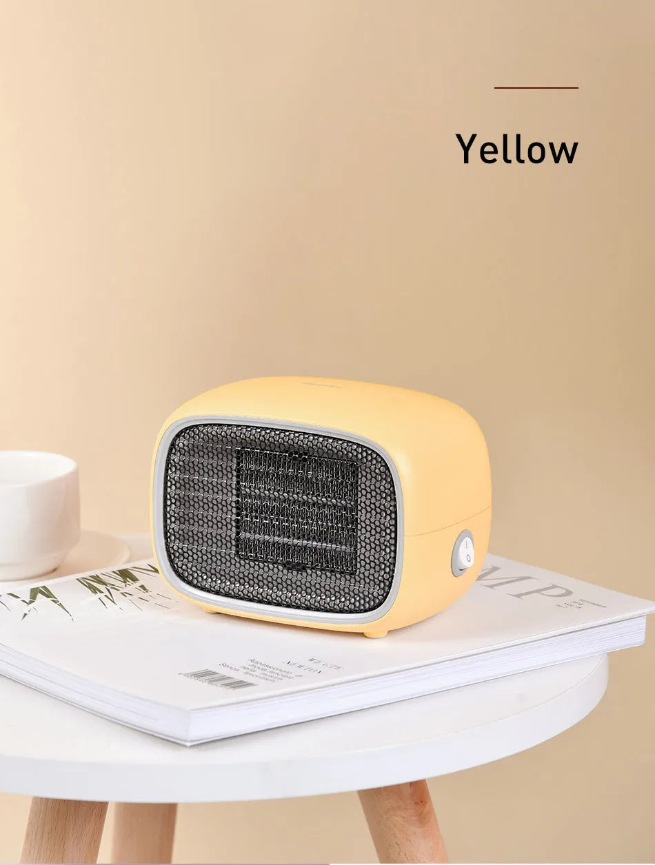 Compact green mini heater with PTC ceramic heating, 500W power, and flame-retardant ABS construction