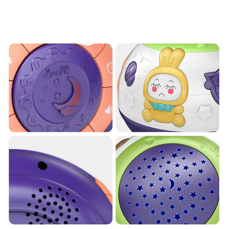 White starry sky night light projector for children on a table, showing colourful light projection.