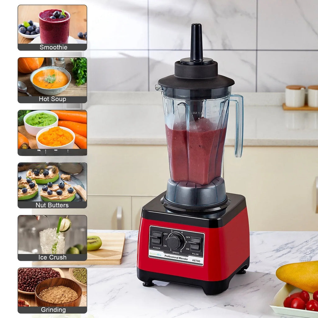 Red commercial heavy-duty blender with 2200W motor and 2-litre capacity jar on counter.