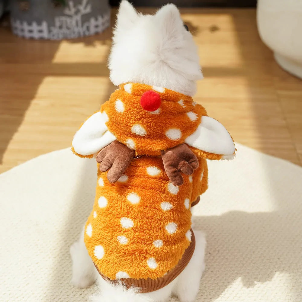Elk costume for medium dog with fleece lining, shown in Christmas styling