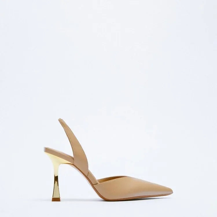 Women's nude apricot patent leather pointed toe high heels with shallow mouth, Korean style.