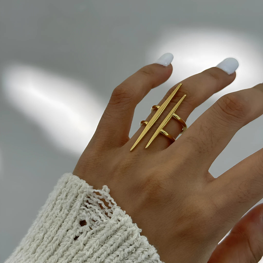 Women's stainless steel geometric line ring with electroplated finish, high-sense design