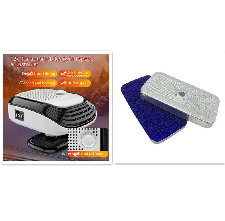 White or green portable 12V 24V warm air blower heater for car and truck use.