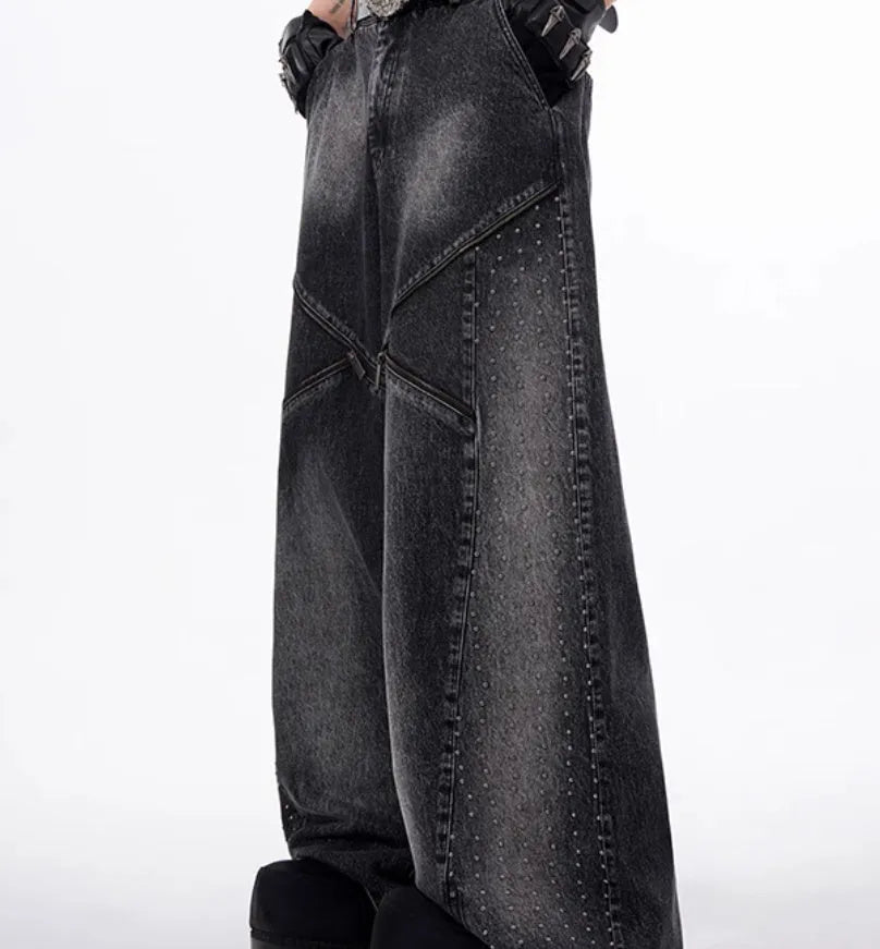 Korean style black and grey washed denim wide leg pants and matching waistcoat co-ord set