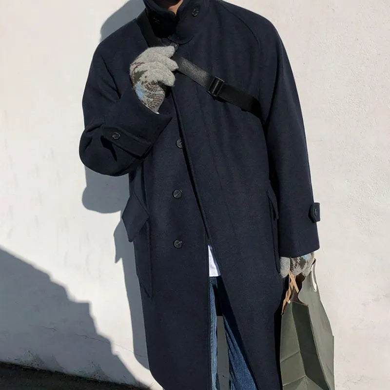 Plus-size women's British style woolen cloth trench coat in blue, slim fit, size M to 2XL