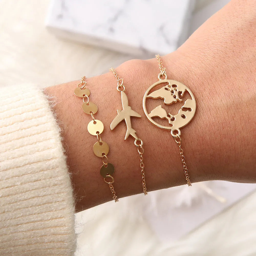 Women's bohemian aircraft map charm bracelet 3-piece set with heart-shaped European and American flight route charms