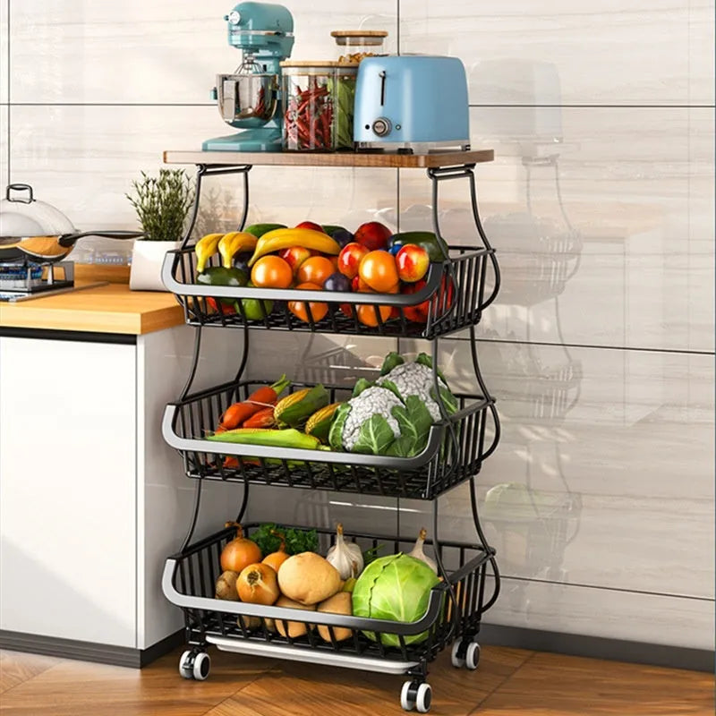 Black six-layer kitchen storage trolley with foldable design on floor