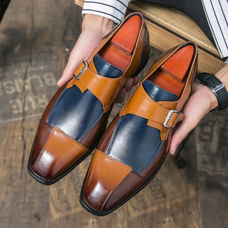 Men's brown blue retro buckle casual shoes with a tall crown microfibre upper.