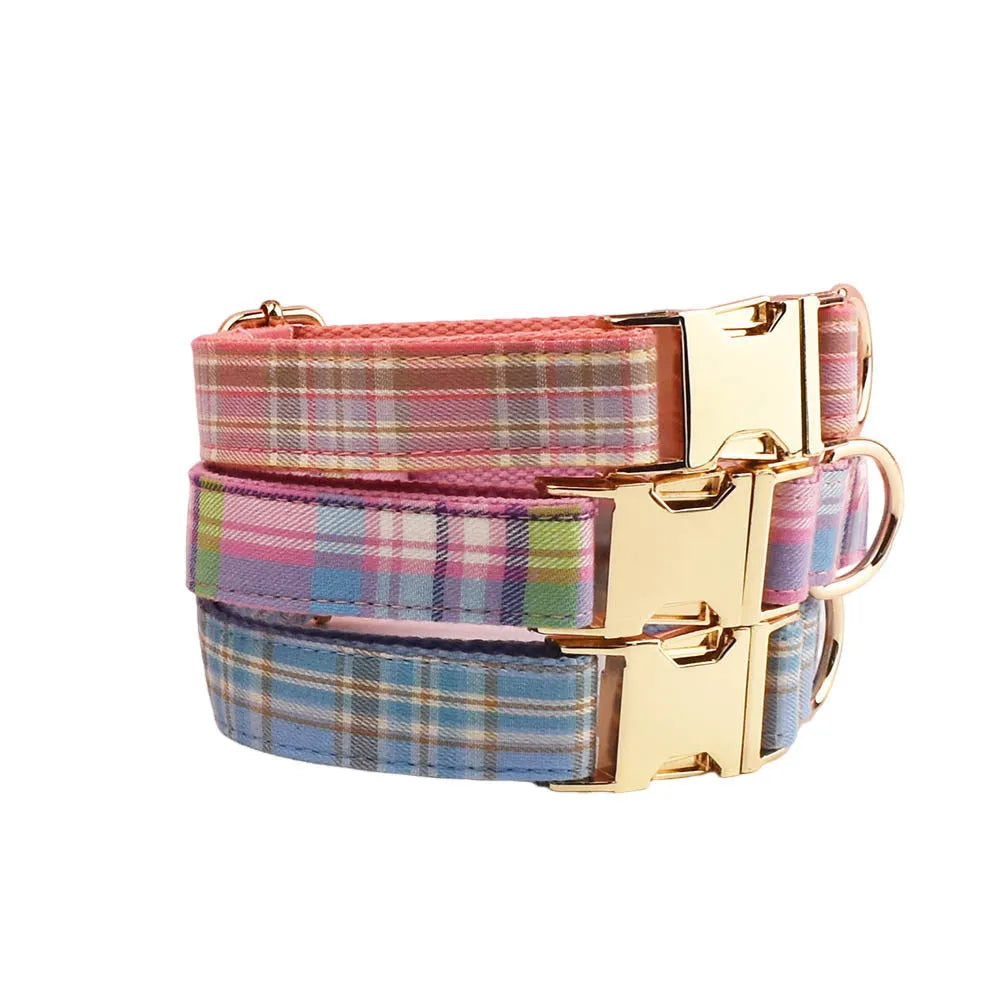 Sky blue grid pattern cloth dog collar and leash set with matching vest and bow tie