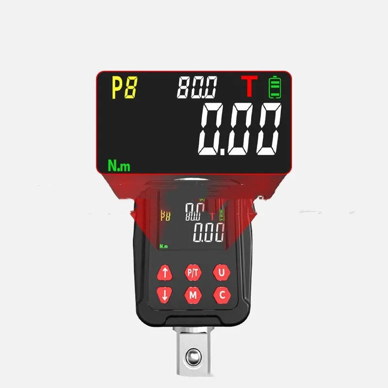 Digital torque meter with display screen and 1/2 inch drive square, metal construction.