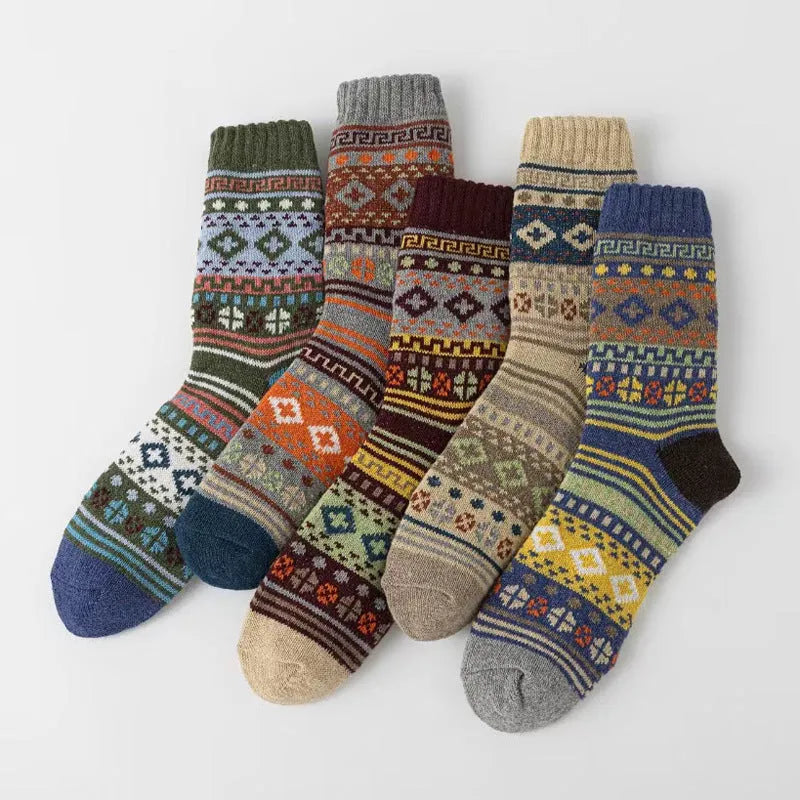 Retro cotton mid-calf socks for men 5 pack with anti-friction knit patterns in large square design
