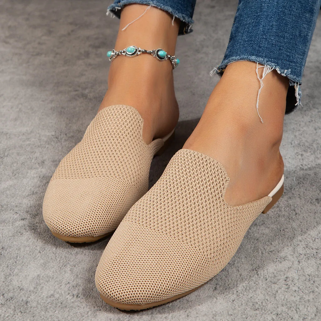 Apricot coloured women's slip-on mesh sandals with cloth upper and flat rubber sole