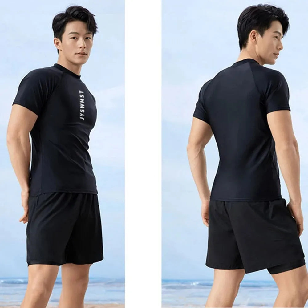 Men's plus size swimming trunks set with top and pants in polyester fabric