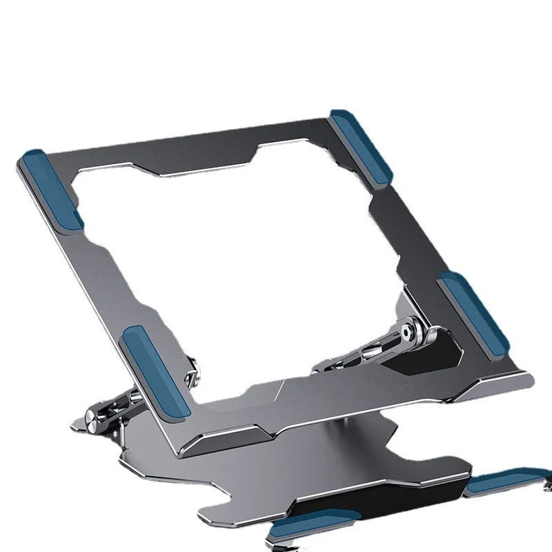 Grey aluminium adjustable laptop stand in folded position showing hollow design and silicone pads