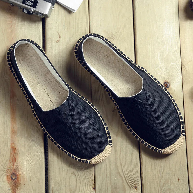 Men's solid colour canvas and linen shoes with round toe in black, grey, white, or brown