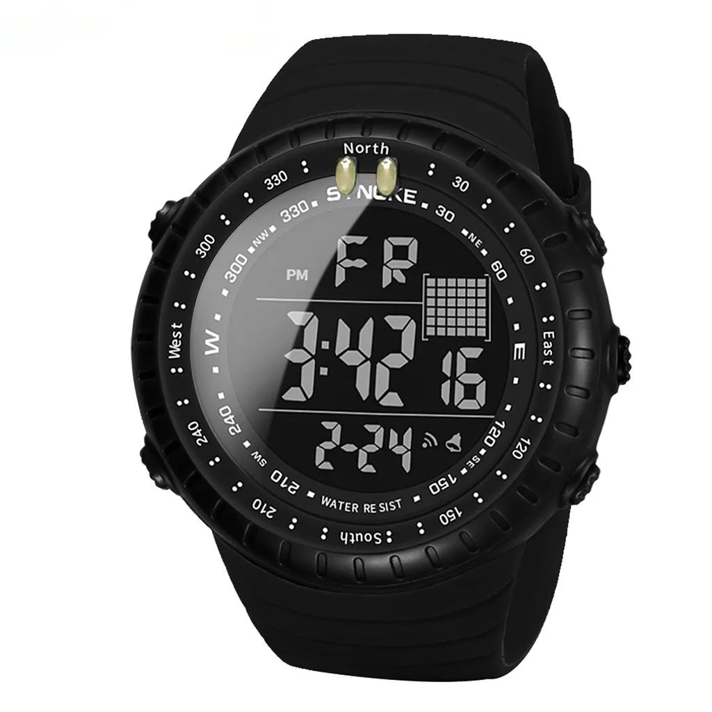 Black men's waterproof outdoor electronic watch with 54.74mm dial and PU strap