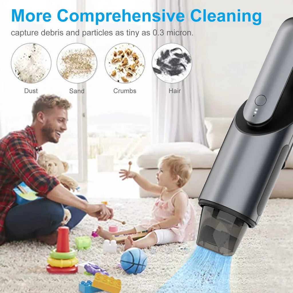 Black portable wireless handheld car vacuum cleaner with brush and flat attachments for vehicle interiors