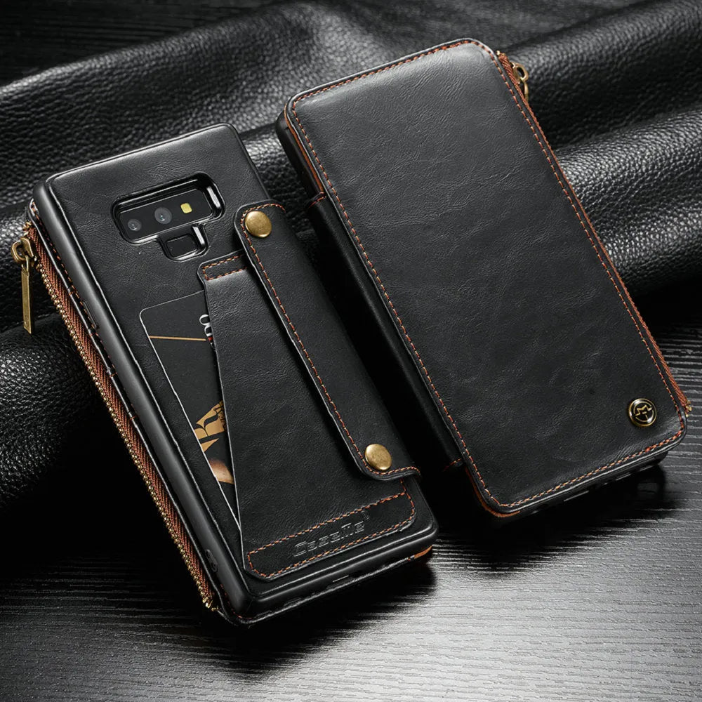 Black leather flip phone case for Samsung Galaxy Note9 showing front and back views