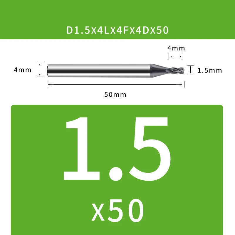 4-blade tungsten steel end mill showing cutting edges and diameter markings