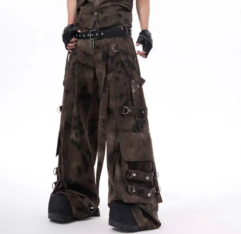 American retro camouflage denim vest and trousers set with semi-high collar and button front