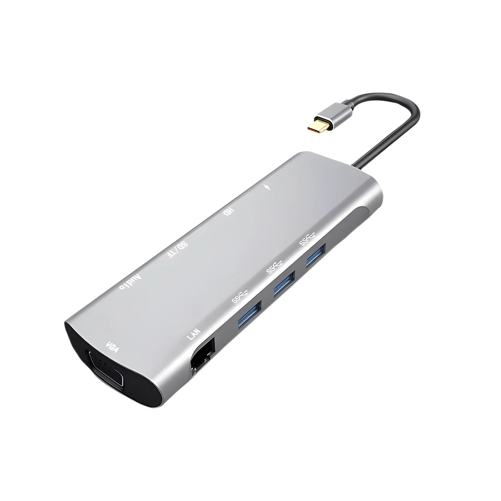 Grey aluminium USB-C docking station with HDMI, VGA, USB 3.0, and USB-C PD charging ports.