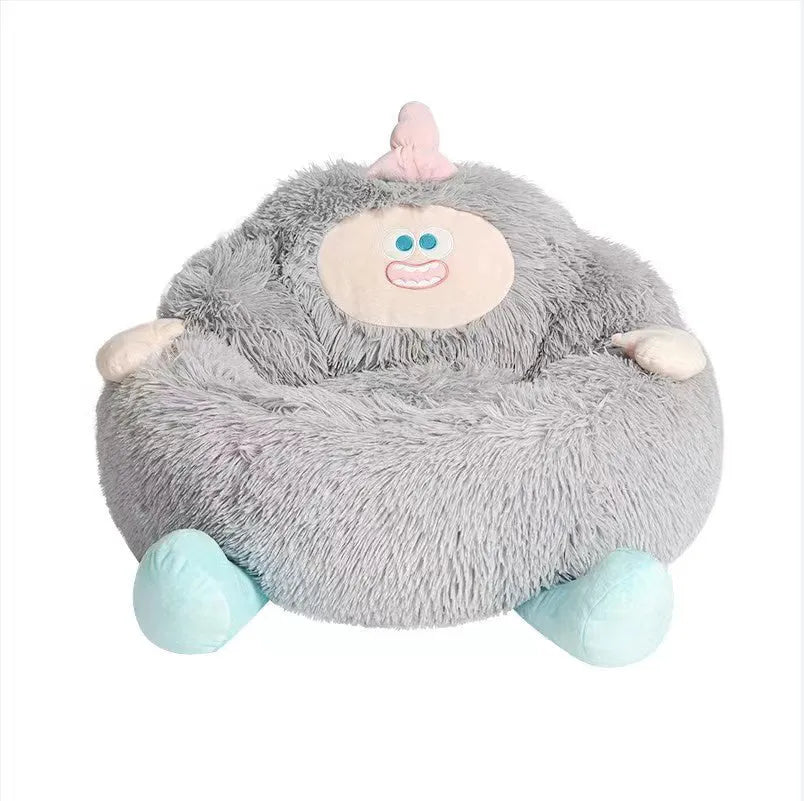 Grey and pink thick plush pet nest beds for cats and dogs in three sizes.