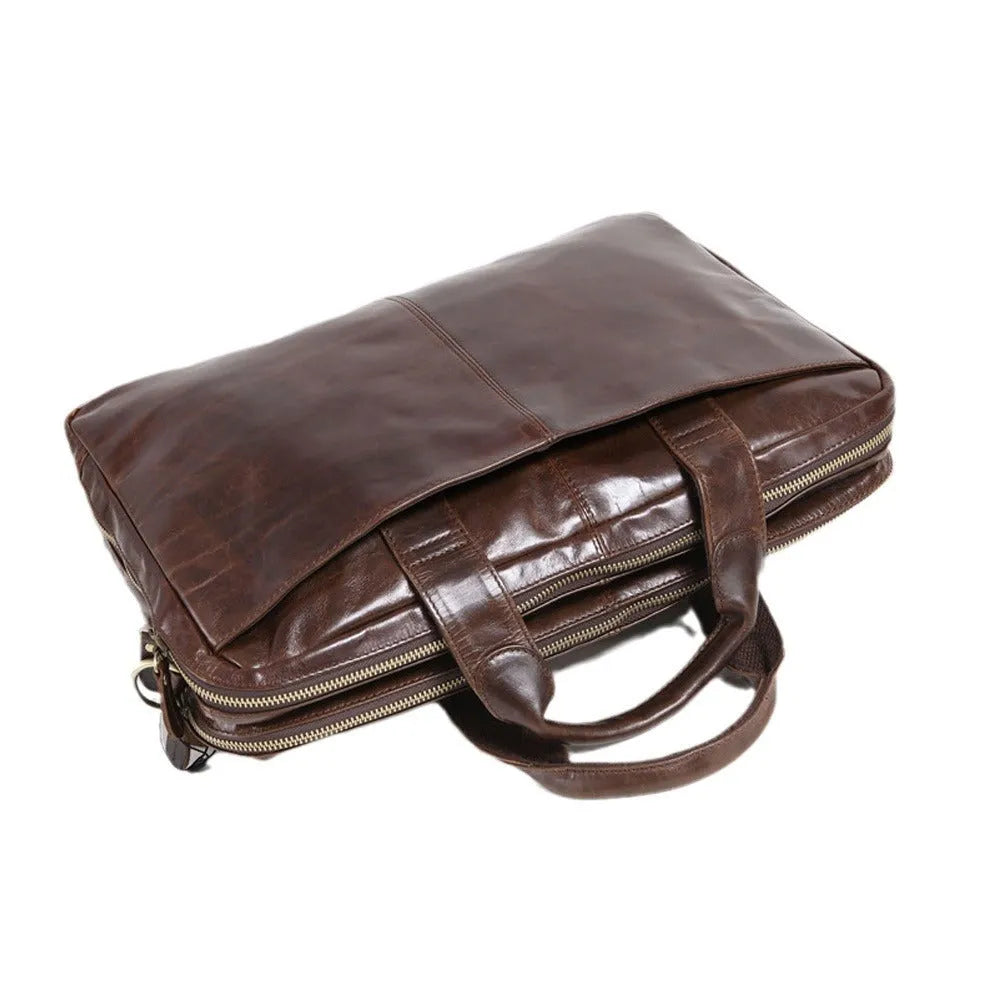 Brown 18 inch men's business briefcase in first layer cowhide with leather pattern texture