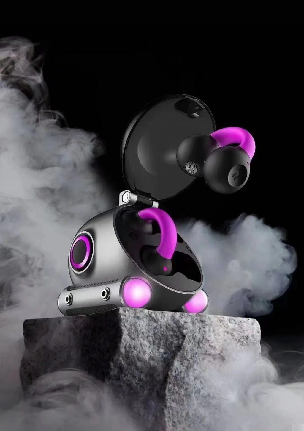 Clip-on wireless Bluetooth sports headset in black showing attachment mechanism and compact design
