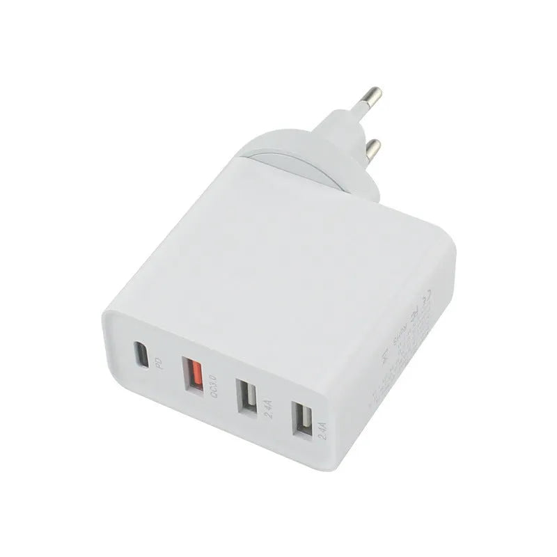 Black or white 48W PD charger with four USB Type-C ports and a power indication light.