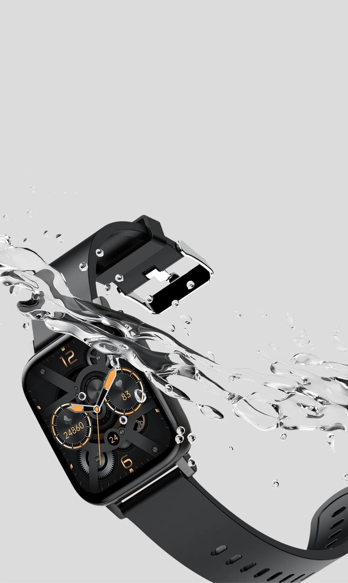 H80 sports smart watch with black silicone strap showing health metrics on a 1.69-inch spherical glass touchscreen.