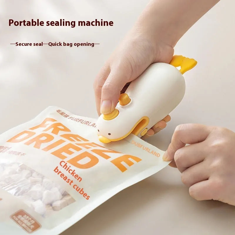 Yellow duck-shaped rechargeable handheld fabric sealing machine with charging cable