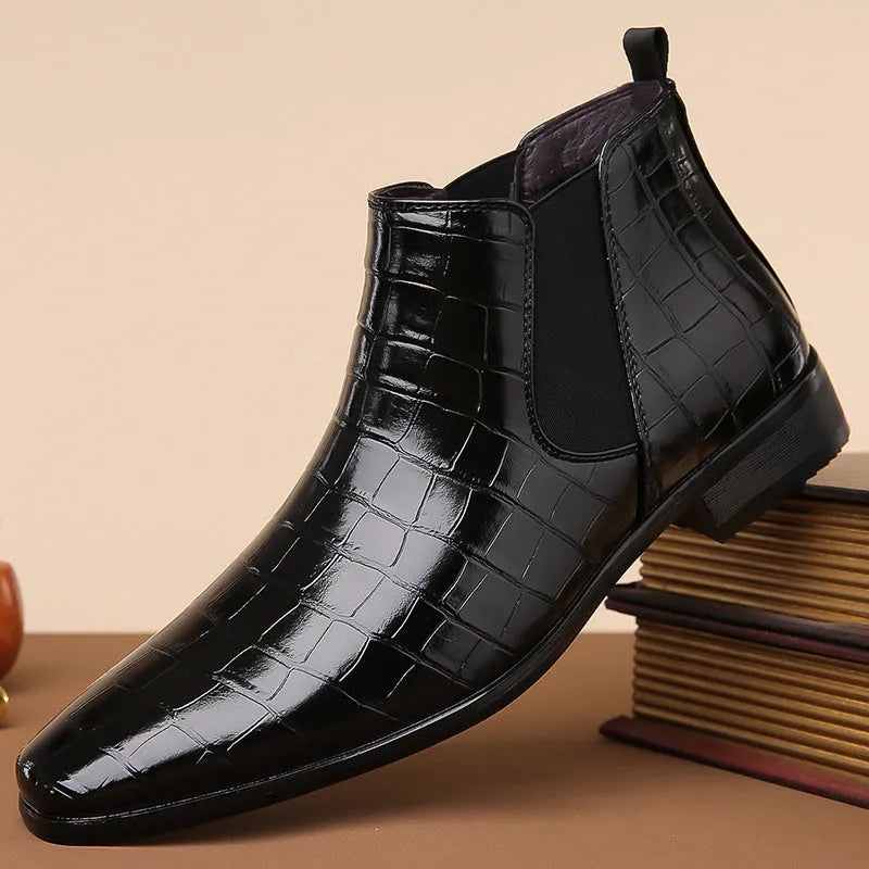 Men's glossy artificial leather Chelsea boots in high-top style with rubber sole, available in multiple colours