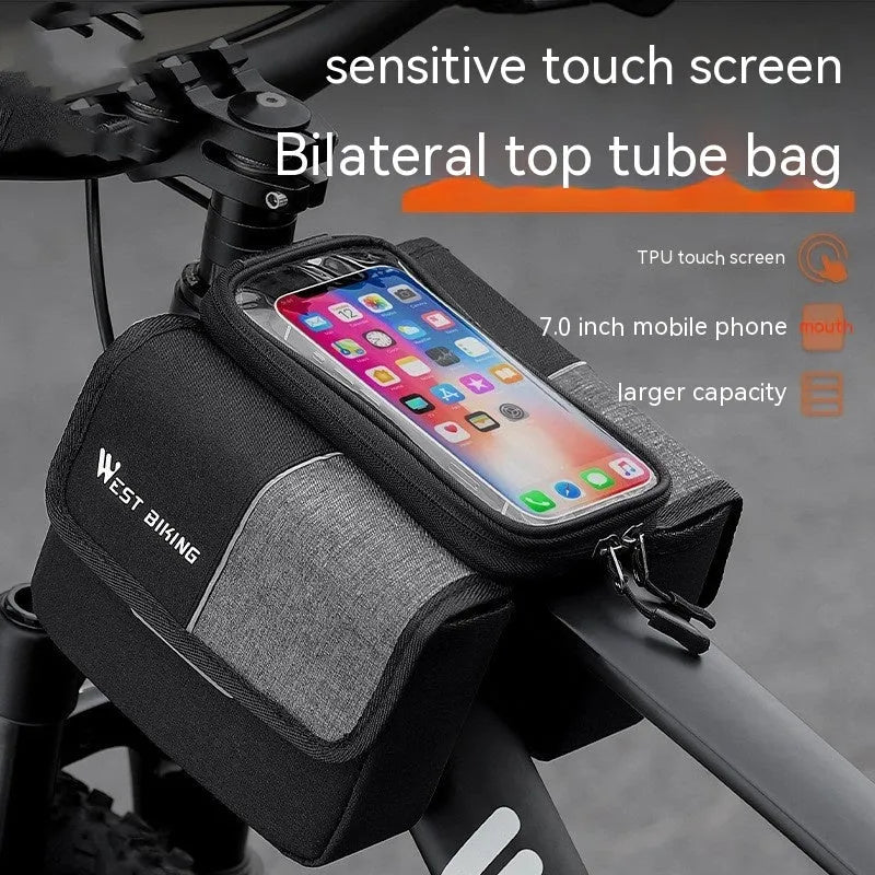 Black and grey bilateral tube saddle bag with touch screen compartment mounted on bicycle