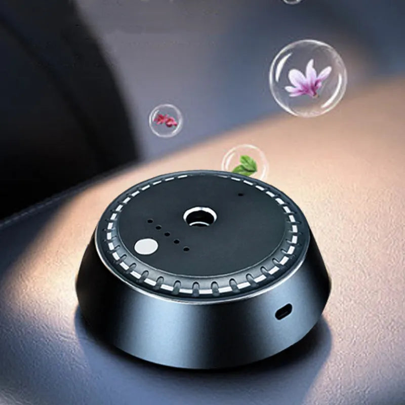 Black metal car aroma diffuser with USB charging port and compact 9x4.5cm dimensions