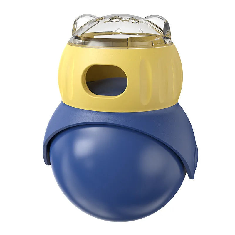 Yellow and blue plastic tumbler owl cat puzzle feeder for self-service food dispensing.