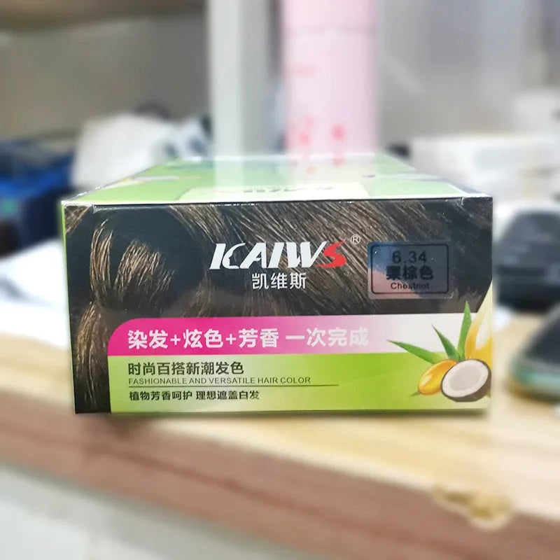 Two 120ml tubes of plant-based aromatic hair colour cream in shades of maroon, wine red, chestnut brown, and dark brown.