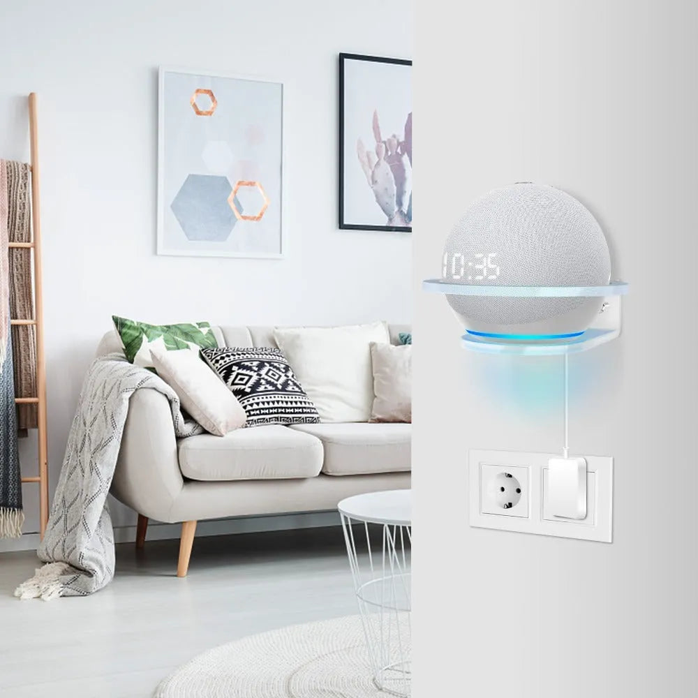 White plastic wall bracket for mounting Amazon Echo Dot 4 smart speaker