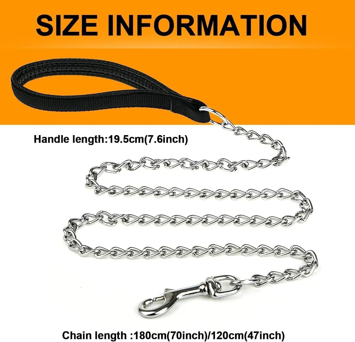 Heavy duty metal dog chain leash with a soft black padded handle, shown at full 120cm length.