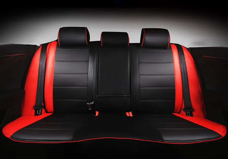 Cow leather car seat cover in binding style, shown in beige and black with red line colour options.