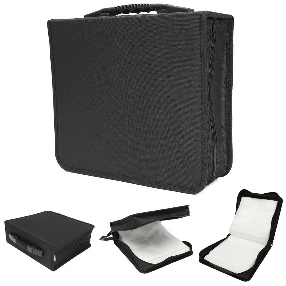 Black Oxford fabric CD DVD storage binder with zipper closure and a top carry handle.