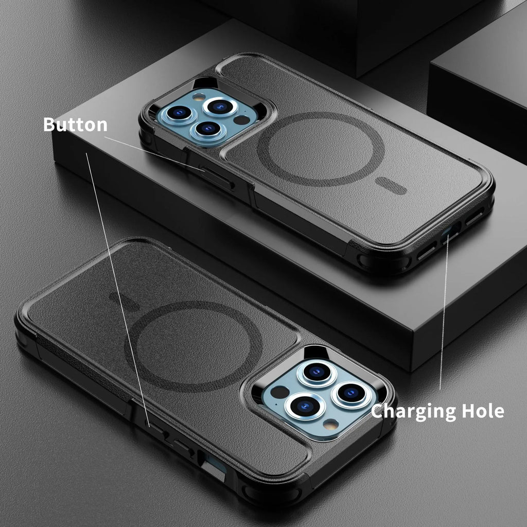 Black shatterproof magnetic phone case for iPhone 12 and 13 series showing front and back views
