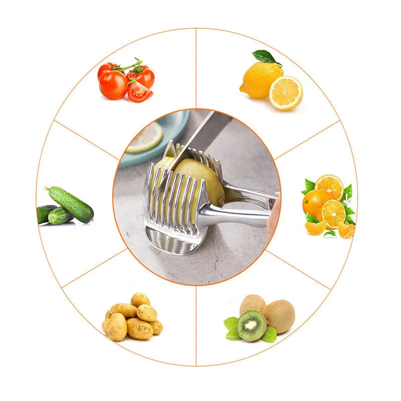 Silver plastic lemon slicer kitchen gadget with ergonomic handles for cutting citrus fruits