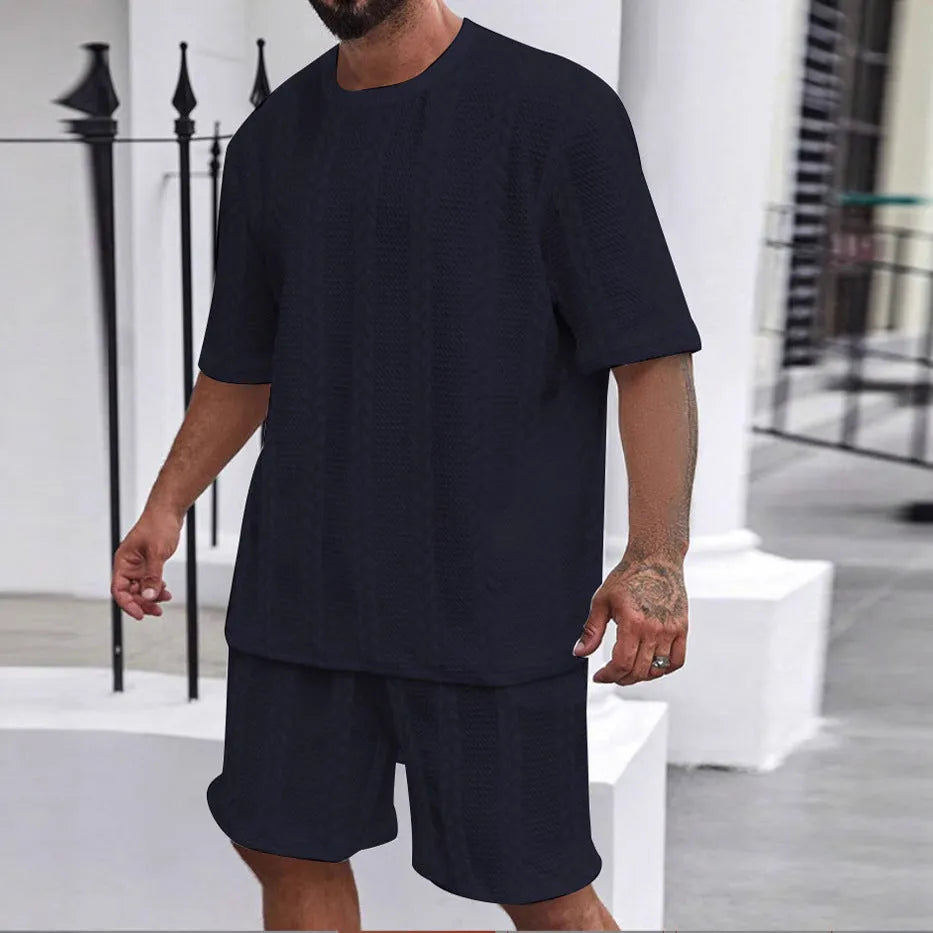 Men's knitted jacquard short sleeve pullover and matching shorts summer set on a hanger