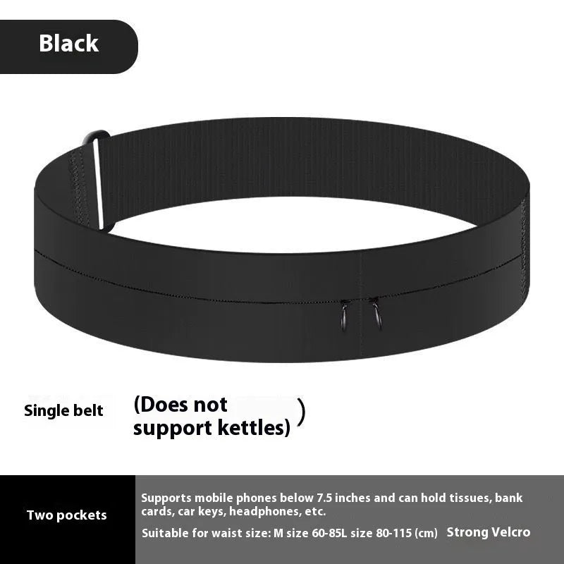 Black running waist bag with nylon fabric, two pockets, and 300ml kettle on white background