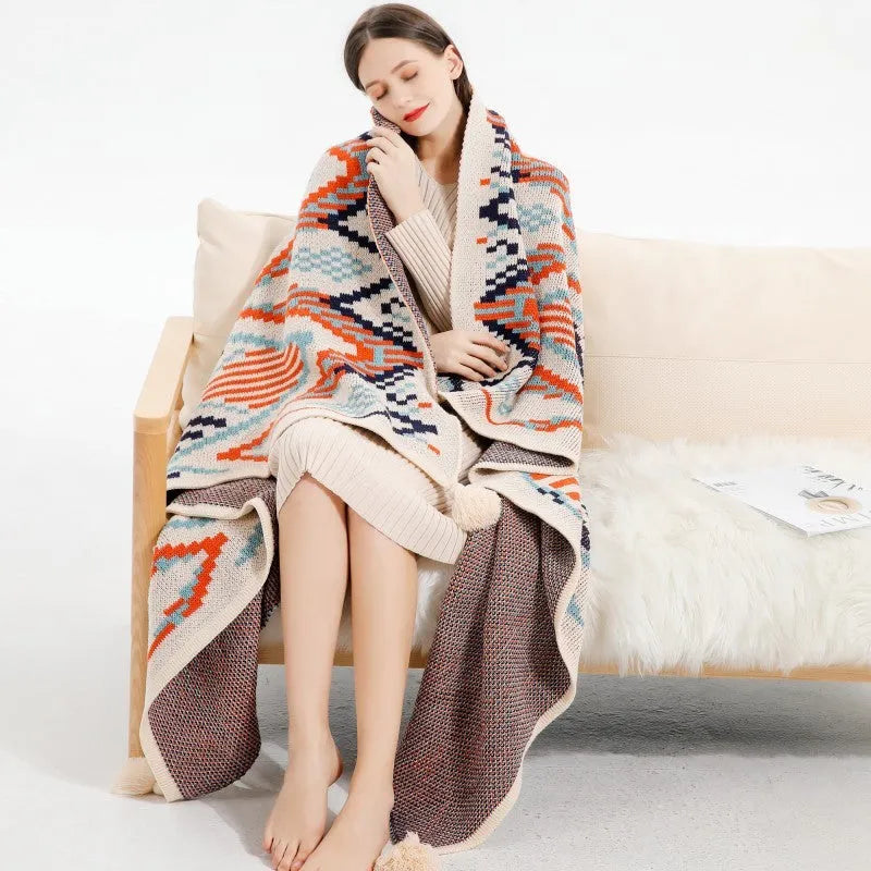 Bohemian-style acrylic sofa blanket with tassel fringe in geometric pattern colour option