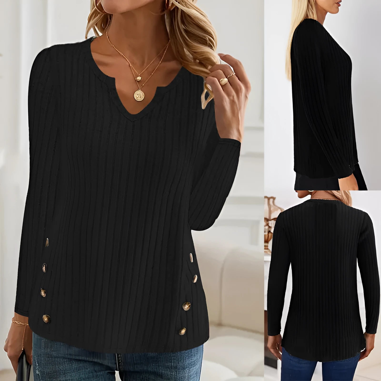 Casual solid colour knitted button sweater pullover in black or grey green