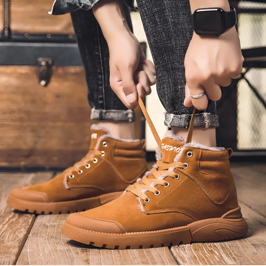 Men's winter ankle boots warm plush shoes suede upper rubber sole round toe flat heel high top front tie solid colour black grey yellow