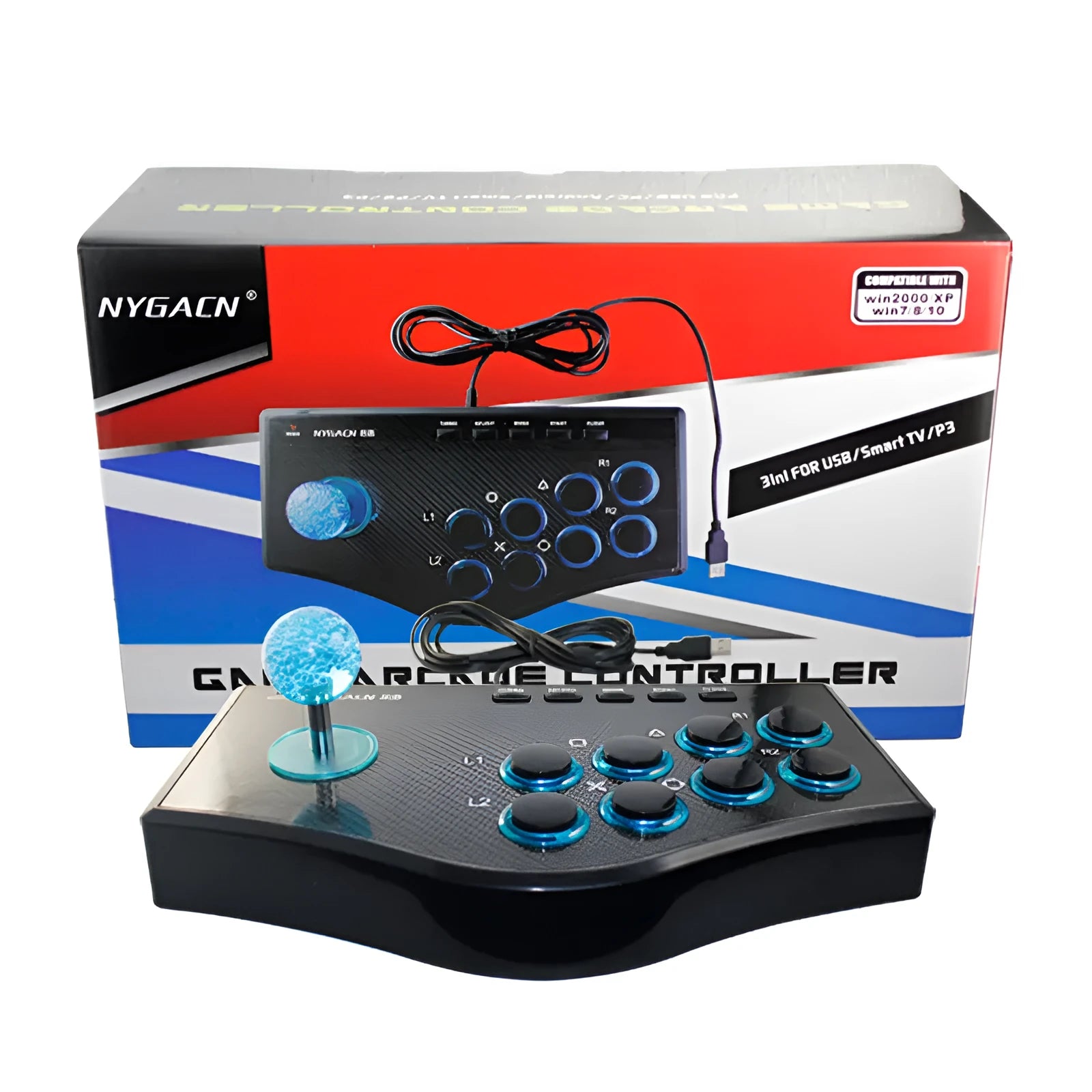 Black PS3 wired arcade joystick with USB cable, ABS casing, TURBO button on top panel