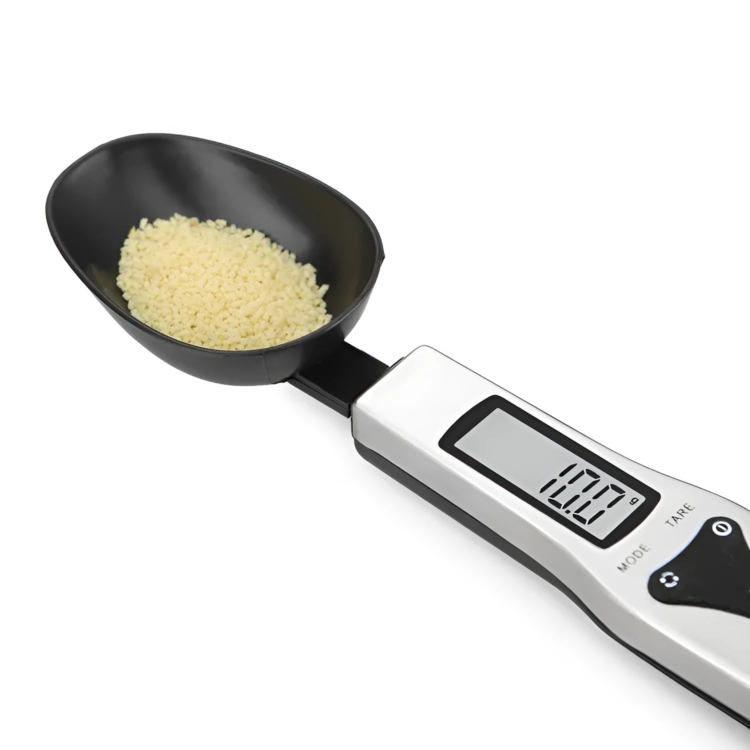 Smart digital measuring spoon with LCD display showing weight, used as a kitchen scale for food ingredients.